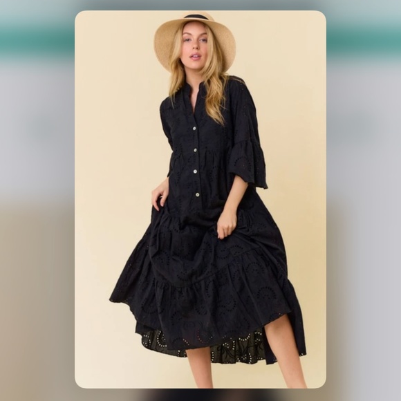 Black Eyelet Maxi Dress Unlined Made in Italy - Picture 3 of 9